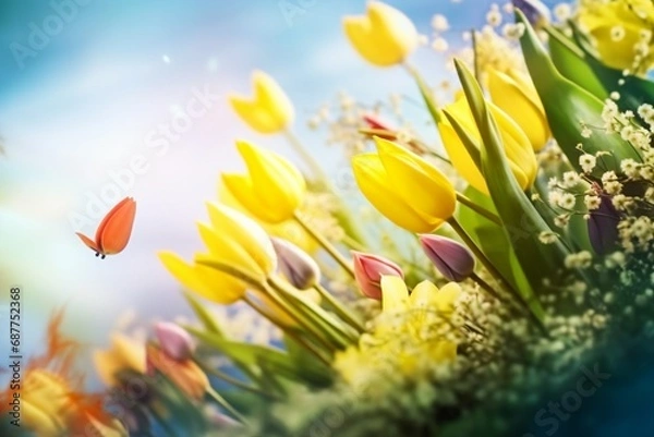 Fototapeta tulip flower spring background with blue sky and butterfly. generative ai.