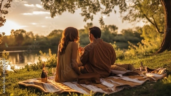 Fototapeta Romantic Sunset Picnic by the Lake

