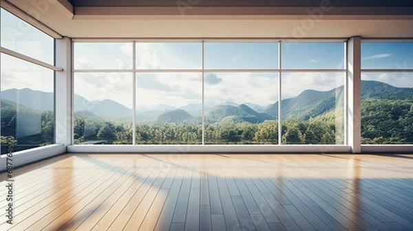 Fototapeta Empty room with panoramic view of mountains in the background
