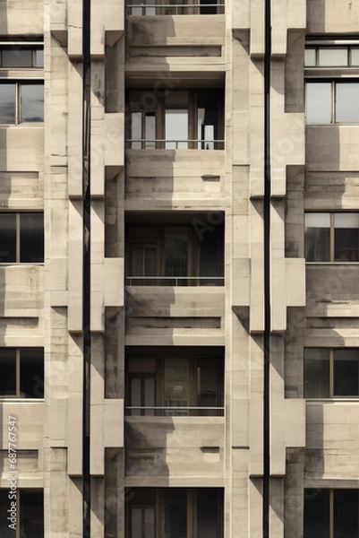 Obraz Front Facade of Brutalist Architecture Building Facade, Orthographic View using generative AI 