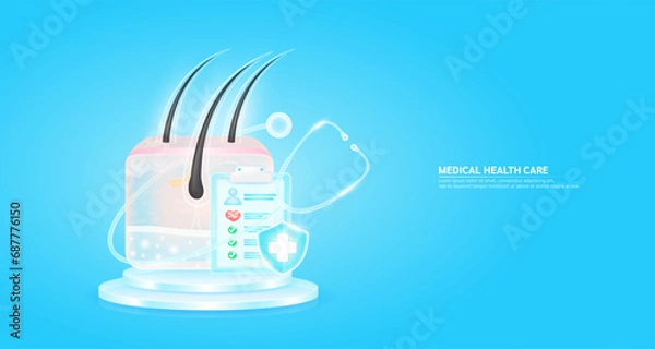 Obraz Medical health care. Stethoscope surrounded the Hair skin and symbol cross in shield glass. Check mark, red heart pulse in document form board floating on podium. Health insurance concept. Vector.