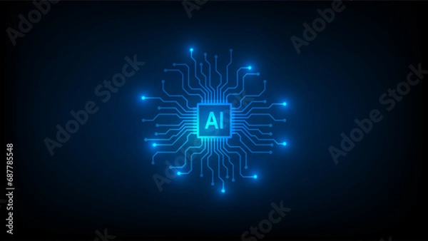 Fototapeta AI Artificial intelligence processor MCU chip icon symbol on blue background for graphic design, logo, web site, social media. Technology abstract background, Vector illustration