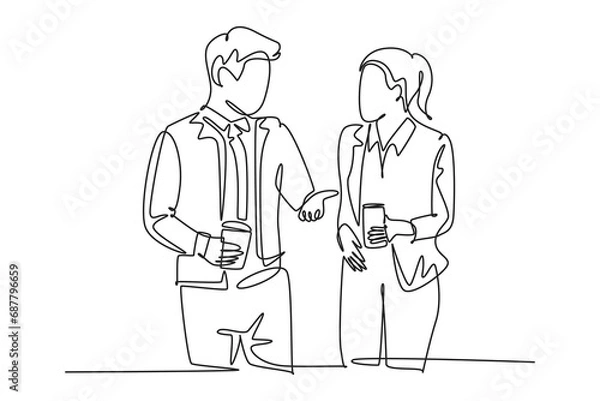 Fototapeta Single continuous line drawing of two young male and female startup founders have a business talk over soft drink. Business chat during office break. One line draw graphic design vector illustration
