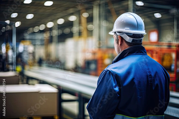 Fototapeta Factory Foreman a character overseeing the production line, back view