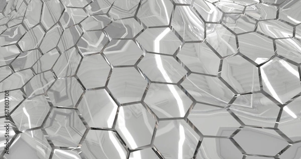 Fototapeta Abstract metallic silver chrome shiny cells hexagons with waves background