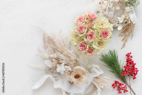 Obraz バラのブーケとしめ縄リース　正月の花飾り