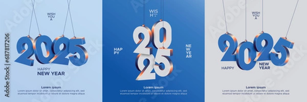 Fototapeta Happy new year 2025 square template with 3D blue hanging number. Greeting concept for 2025 new year celebration