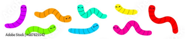 Obraz Caterpillar set line. Cartoon funny kawaii baby animal character. Insect icon. Cute crawling bug collection. Smiling face. Colorful bright color. Flat design. White background. Isolated