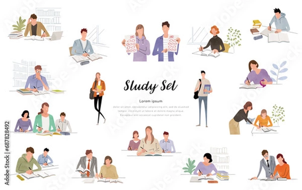 Fototapeta ベクターイラスト素材：勉強する学生、人物セット
