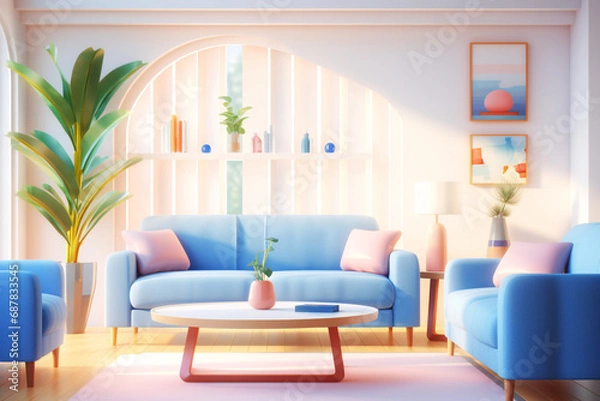Fototapeta Living room design 3D rendering, 3D rendering interior room scene illustration