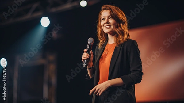 Fototapeta Redhead ginger caucasian businesswoman delivering a powerful keynote address at a conference standing on stage with confidence addressing a diverse audience with her insights in the business world