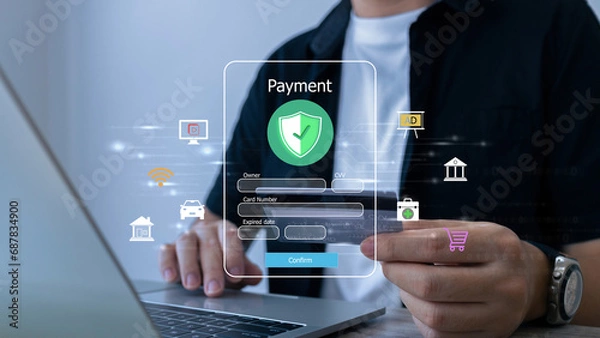 Fototapeta Man using smartphone online shopping and payment via mobile banking apps. financial technology, Digital banking network, internet payment and digital wallet.