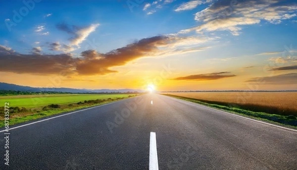 Obraz Sunset Symmetry: Empty Asphalt Road in the Rural Landscape