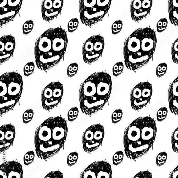 Fototapeta Seamless pattern with funny black monster faces on white background. Hand  drawn vector illustration