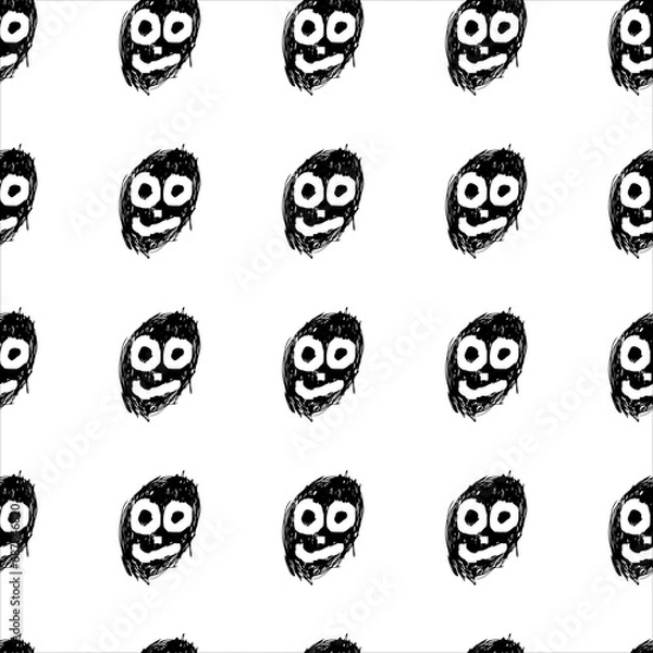 Fototapeta Seamless pattern with funny black monster faces on white background. Hand  drawn vector illustration