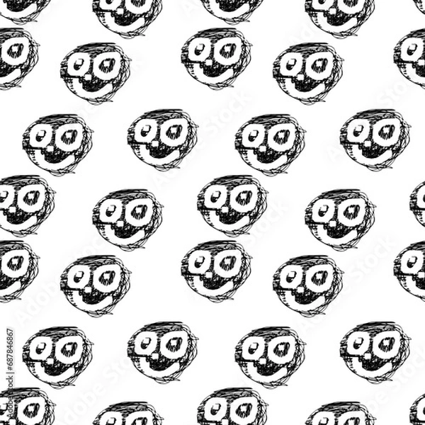 Fototapeta Seamless pattern with funny black monster faces on white background. Hand  drawn vector illustration