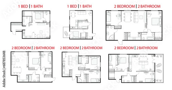 Obraz Plan floor apartments set. Studio, condominium, flat, house. One, two bedroom apartment. Interior design elements bedroom, bathroom with symbols furniture. Vector architecture 2D floor plan.