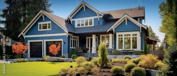 Fototapeta Luxury home design and beautiful garden. Blue house in beautiful landscape with trees and grass