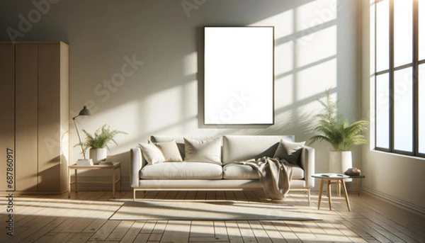 Fototapeta Contemporary living room with clean lines and a neutral palette, highlighted by a mockup poster. Generative AI