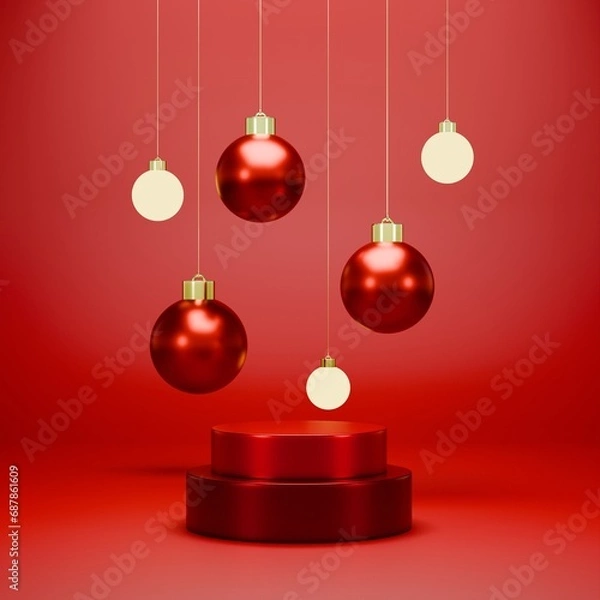 Fototapeta red christmas balls 
with podium , 3d render