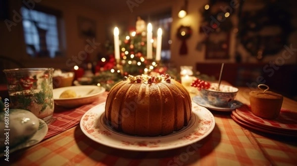 Fototapeta A cake sitting on top of a plate on a table