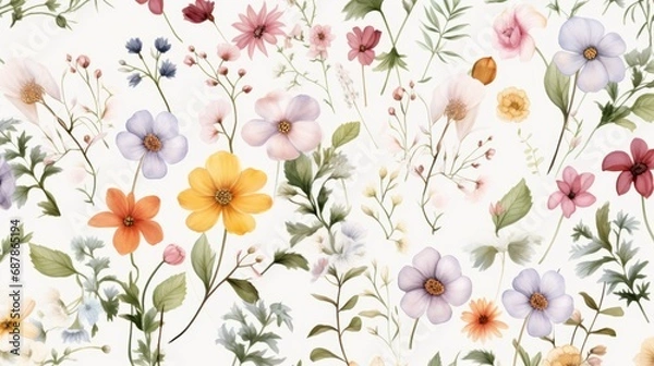 Obraz Dainty Abstract flower Bright and cute colors pattern, simple, neutral flowers on white background Seamless pattern of elegant, dainty, neutral watercolor floral for fabric, home decor, and wrapping