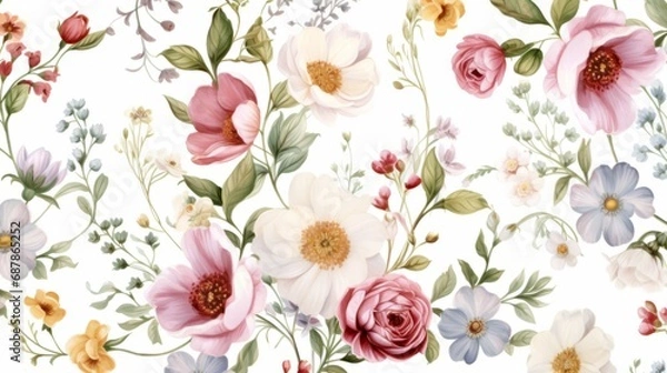 Fototapeta Dainty Abstract flower Bright and cute colors pattern, simple, neutral flowers on white background Seamless pattern of elegant, dainty, neutral watercolor floral for fabric, home decor, and wrapping