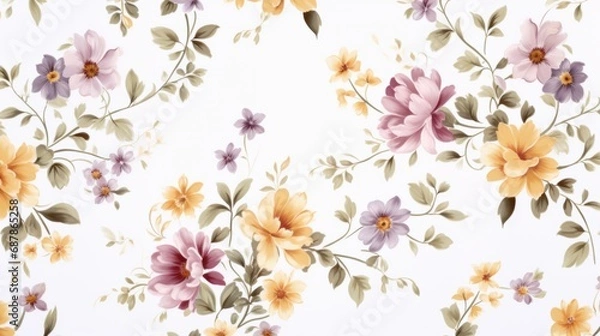 Fototapeta Dainty Abstract flower Bright and cute colors pattern, simple, neutral flowers on white background Seamless pattern of elegant, dainty, neutral watercolor floral for fabric, home decor, and wrapping