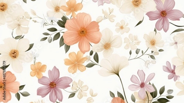 Fototapeta Dainty Abstract flower Bright and cute colors pattern, simple, neutral flowers on white background Seamless pattern of elegant, dainty, neutral watercolor floral for fabric, home decor, and wrapping
