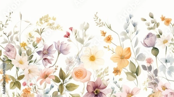 Fototapeta Dainty Abstract flower Bright and cute colors pattern, simple, neutral flowers on white background Seamless pattern of elegant, dainty, neutral watercolor floral for fabric, home decor, and wrapping