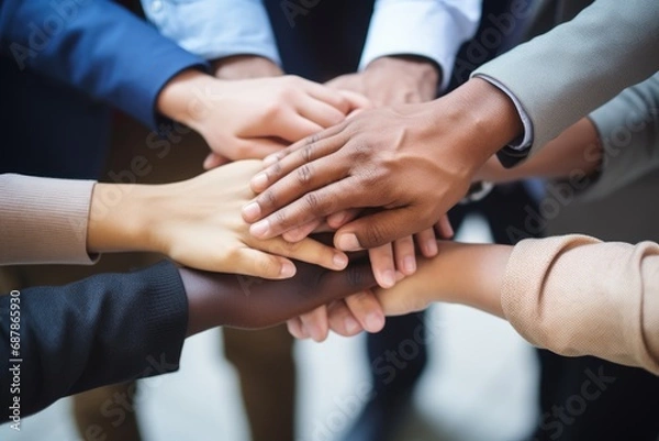 Fototapeta Multiracial business team putting hands on top of each other AI Generative