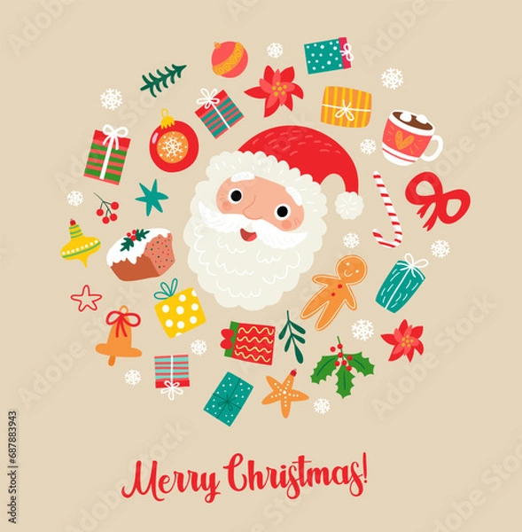 Obraz Card with cute Santa surrounded by toys and gifts