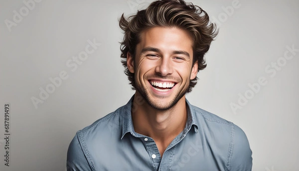 Fototapeta A professional portrait studio photo of a handsome young white american male model with perfect clean teeth laughing and smiling. isolated on a white background