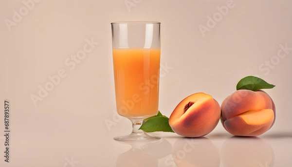 Fototapeta A glass of healthy peach juice on a white background. A peach for decoration
