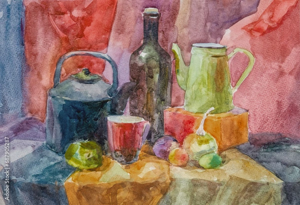 Fototapeta Still life with a jug. Still life with a teapot, bottles and fruits. Watercolour. Watercolor painting on paper.
