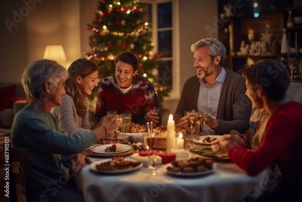 Obraz A family gathers around a festive table, enjoying a Christmas dinner. Their faces glow with happiness, amidst candlelight and a decorated tree