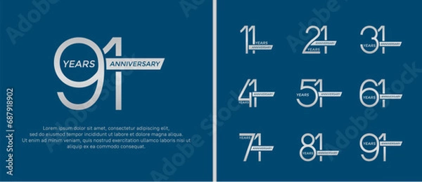 Fototapeta set of anniversary logo silver color and ribbon on blue background for celebration moment