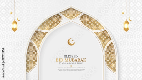 Obraz Eid Mubarak Islamic decorative arch background with Arabic pattern and lanterns