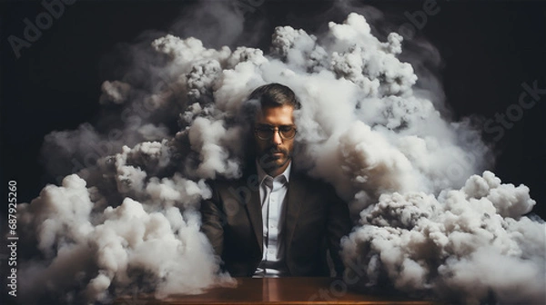 Fototapeta man occluded in a cloud of smoke, dark gloomy abstract illustration, created with Generative AI Technology.