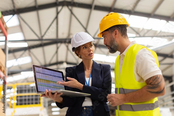 Fototapeta Female manager talking with foreman, checking production plan on notebook. Woman quality controller checking quality of products, talking with technician.