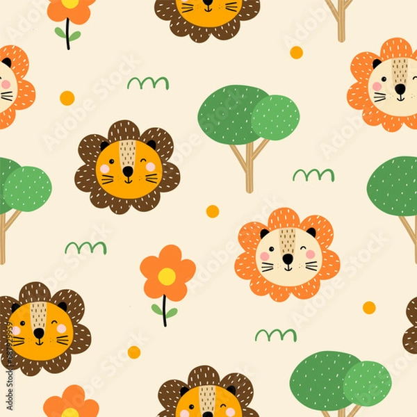 Fototapeta Seamless pattern with cute little lion, tree and flowers for your fabric, children textile, apparel, nursery decoration, gift wrap paper, kids bedding, baby's shirt. Vector illustration