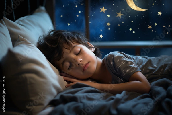 Fototapeta A little indian child sleeps in bed on a blue stars background, in his room. Sweet, restful dreams