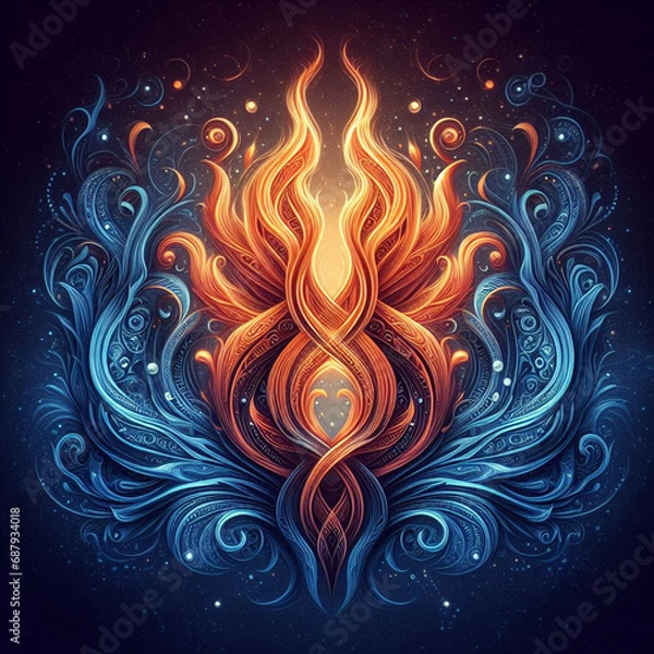 Fototapeta Orange and blue abstract flame. Twin flame logo. Esoteric concept of spiritual love. Illustration on black background for web sites, wallpapers, and much more. Created using generative ai tools