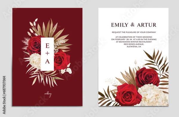 Fototapeta Boho red wedding invite, save the date card template set. Rose flowers, dry Hydrangea, palm branch, pampas grass, white leaves bouquet frame border. Chic winter editable watercolor vector illustration