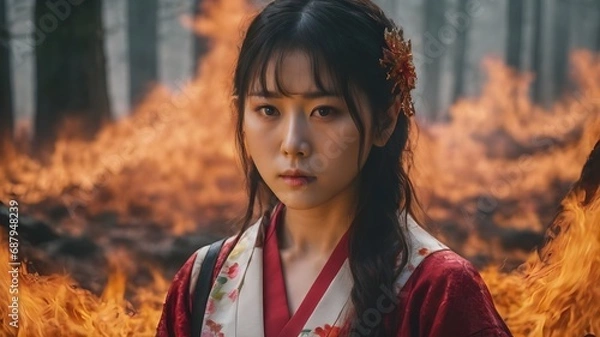 Fototapeta Asian Woman In The Flame Background Very Cool