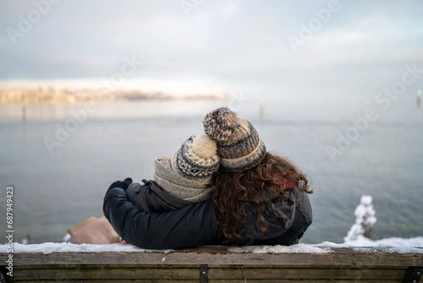 Fototapeta Winter Embrace: Loving Cuddle by Lake Constance (Bodensee) - Snowy Panorama with Snow-Covered Trees
