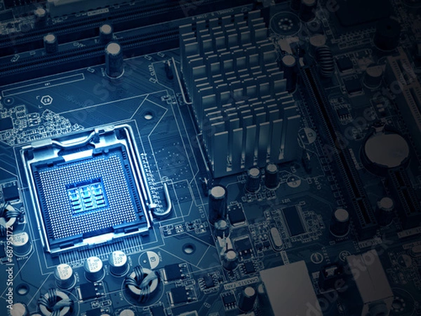 Obraz PC motherboard closeup, blue tone