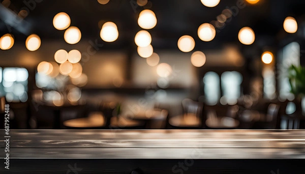 Fototapeta Empty wooden table on abstract restaurant background for product presentation - space for a montage showing the product