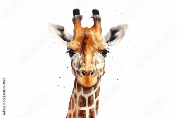 Fototapeta Watercolor illustration of a giraffe head isolated on white background. AI generative
