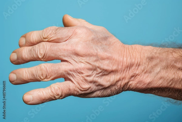 Fototapeta The rough and swollen hand of a senior male, depicting the challenges of geriatric health and the concept of elderly care.